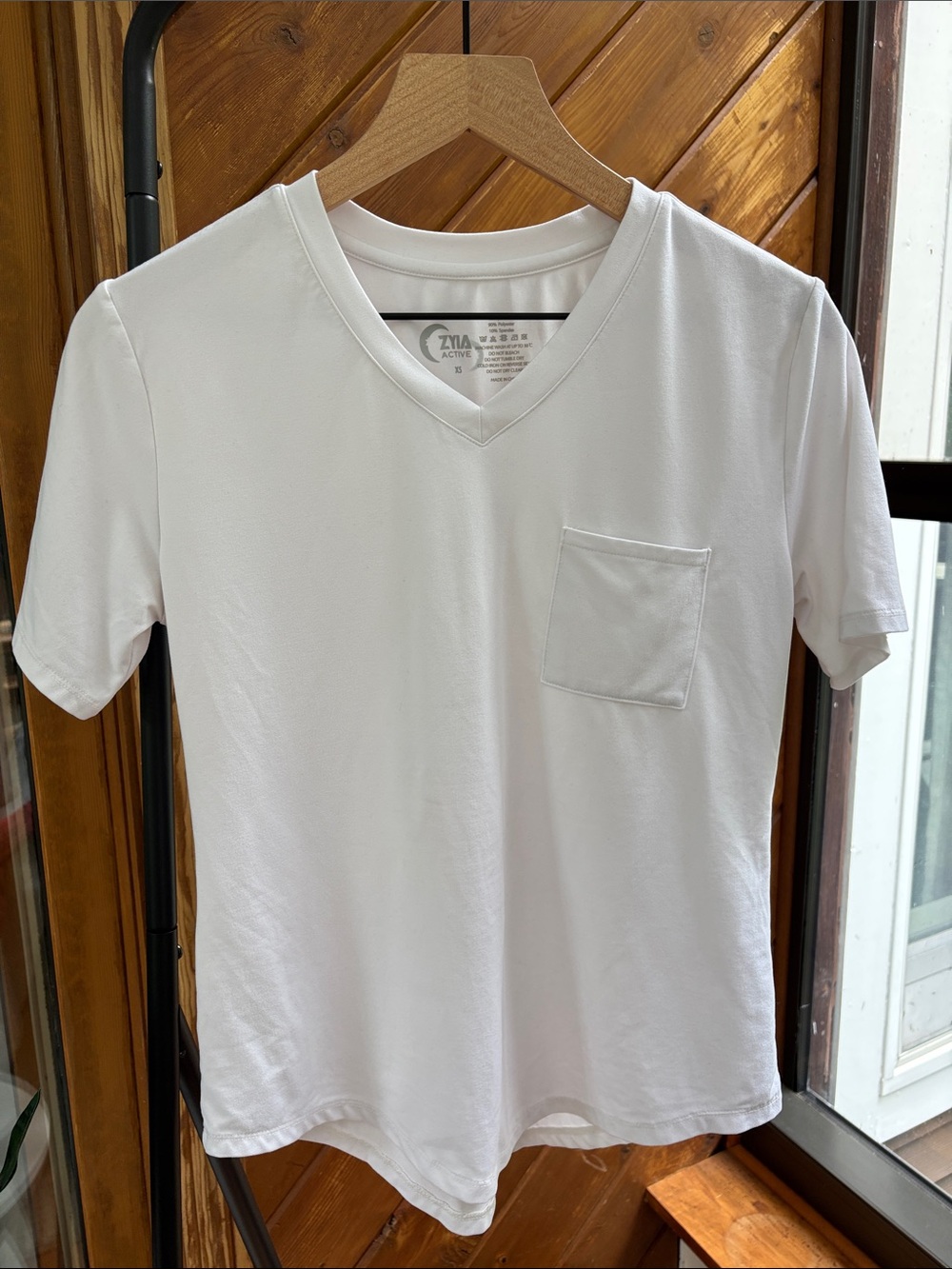 ZYIA White V-Neck Pocket Tee - Short Sleeve